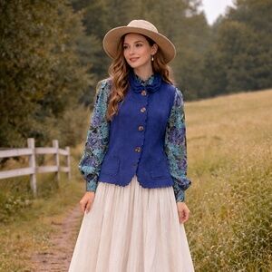 Vintage Vibrant Blue 100% Wool Vest Scalloped Cottagecore Folk Layering XL